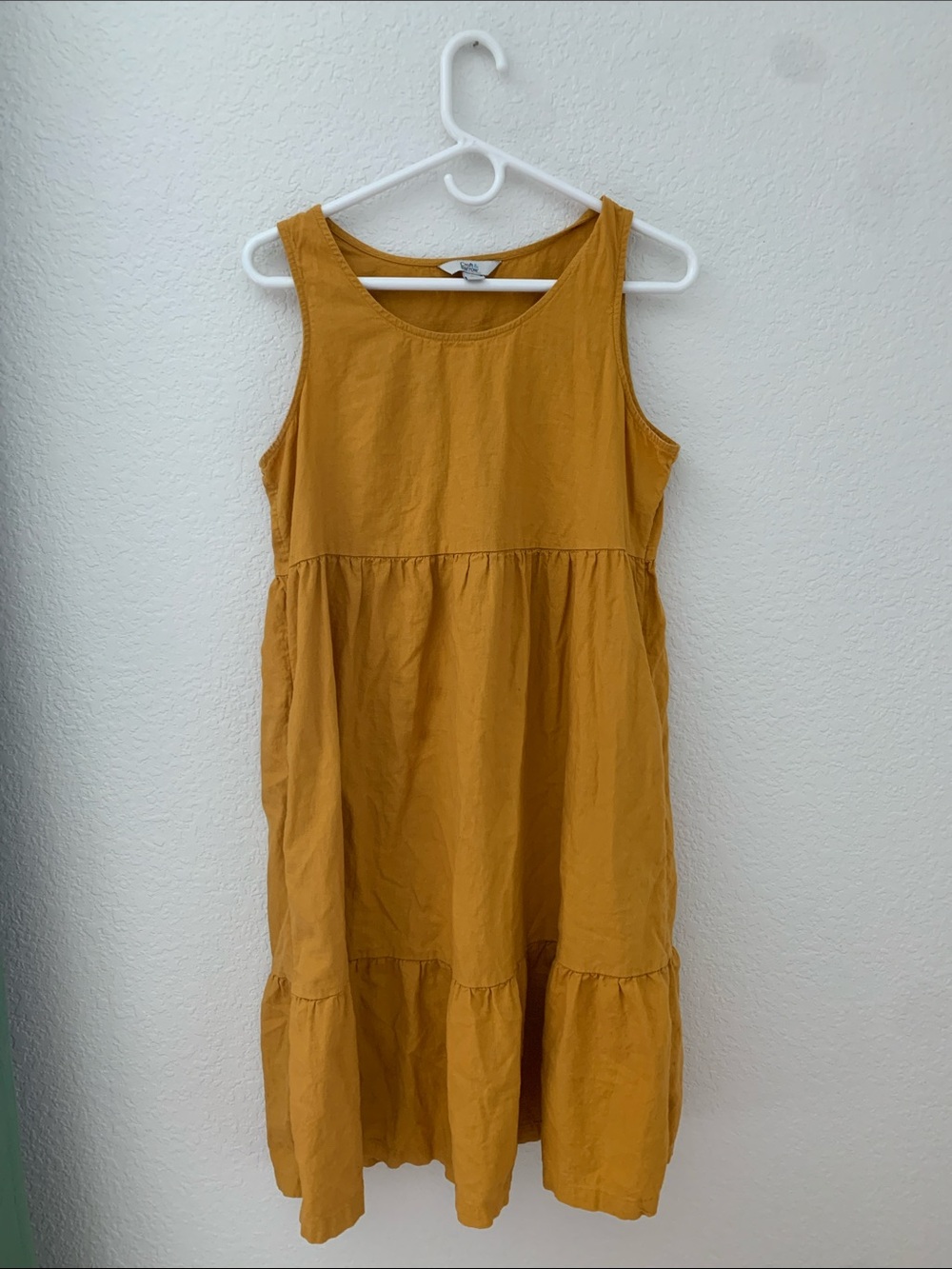 Linen Mustard Tiered Sleeveless Cotton Dress